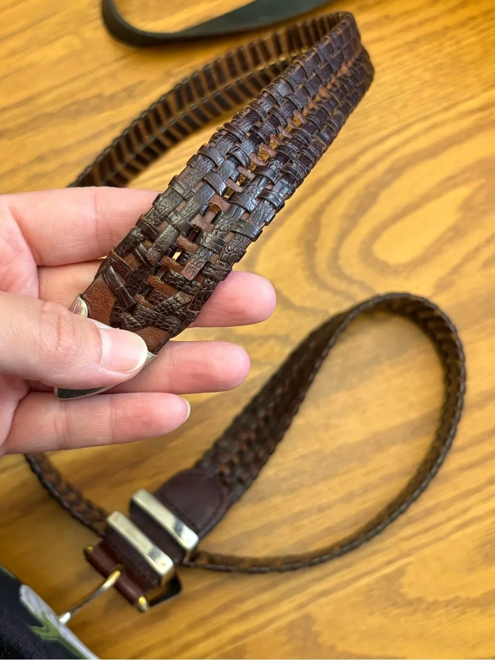 Fossil Dark Brown Braided Leather Belt with Solid Brass Accents